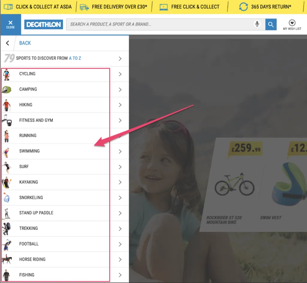 Menu bar, Decathlon UK